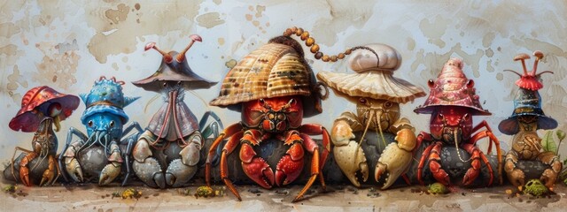 Fototapeta premium A whimsical drawing of a hermit crab wearing a variety of tiny hats.