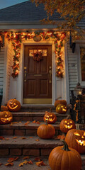 Obraz premium A photorealistic image of a front porch decorated with pumpkins for Halloween. The pumpkins are carved with various spooky faces, and the warm lighting creates a cozy, festive atmosphere generative ai