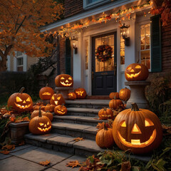 Fototapeta premium A photorealistic image of a front porch decorated with pumpkins for Halloween. The pumpkins are carved with various spooky faces, and the warm lighting creates a cozy, festive atmosphere generative ai