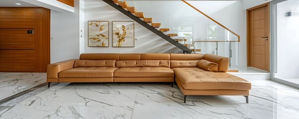 Contemporary living room with a tan leather couch, minimalist wall art, and white marble floors. The staircase has a sleek wooden design with glass railings.