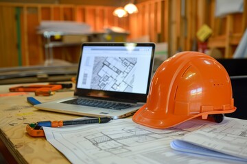 An engineer's workspace with a safety helmet, blueprints, and a laptop