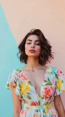 Fototapeta premium A woman is wearing a floral dress and standing in front of a blue wall
