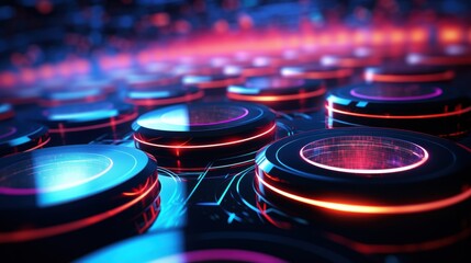 Futuristic technology interface with glowing buttons, showcasing advanced electronic design and innovation. Ideal for tech and digital concepts.