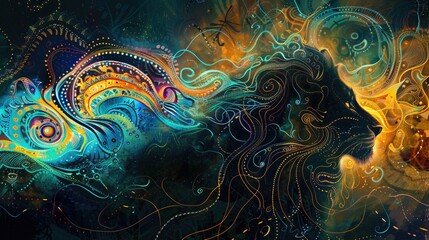 Obraz premium Silhouette of a lion combined with swirling, surreal patterns and luminous colors, creating a visually striking abstract composition