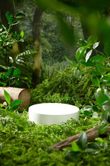 Front view advertising photography on natural jungle scene, the circular pedestal in white color featured on the green lawn, next to a log and variety jungle plants, blank space for displaying product