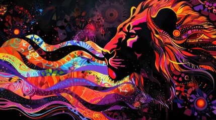 Stunning abstract art of a lion silhouette merging with vivid, surreal patterns and bright colors, creating a dreamlike scene