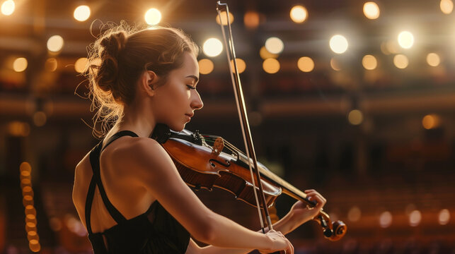 A violinist on stage against the glare. Bokeh