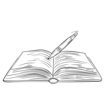 recommend clip art: open book with pen,Open book and pencil writing on it vector illustration doodle line art
                    