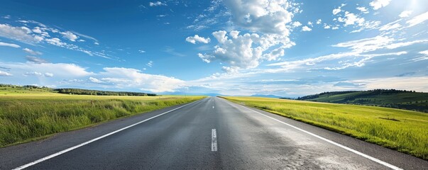 Empty highway stretching into the horizon under a bright blue sky, surrounded by lush green fields and distant hills.