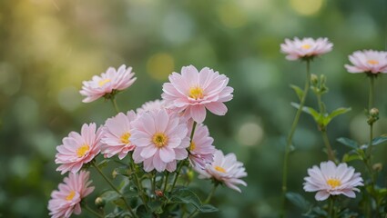 Fototapeta premium Delicate Pink Flowers in a Lush Garden