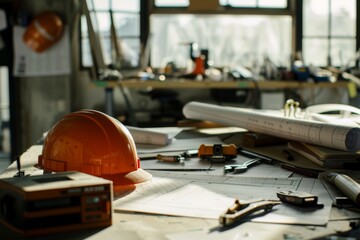 Fototapeta premium An architect's desk featuring a safety helmet, blueprints, and drafting tools
