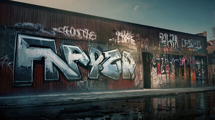  Large graffiti mural on a brick wall in an urban alleyway with bold letters and intricate design, showcasing street art culture and creativity