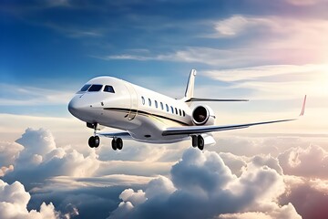 Fototapeta premium Luxury design private jet flying over the clouds in the sky on a clear day. Travel background and wide aerial banner.