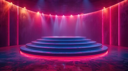 Futuristic stage with neon lights and steps, perfect for events, presentations, and performances requiring a modern, vibrant atmosphere.
