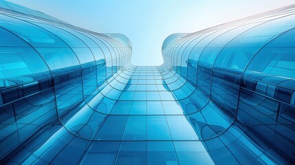 Modern glass building with futuristic design, showcasing blue reflective surfaces and sleek architectural lines under a clear sky.