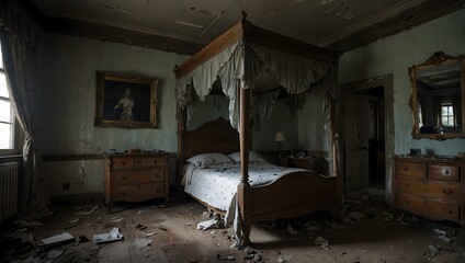 The eerie atmosphere of an abandoned bedroom frozen in time, with clues hinting at its former inhabitant's mysterious disappearance ai-generated