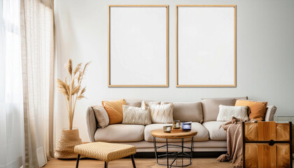 Realistic 3D Render of Modern Living Room with ISO A Paper Size Wall Poster Mockup