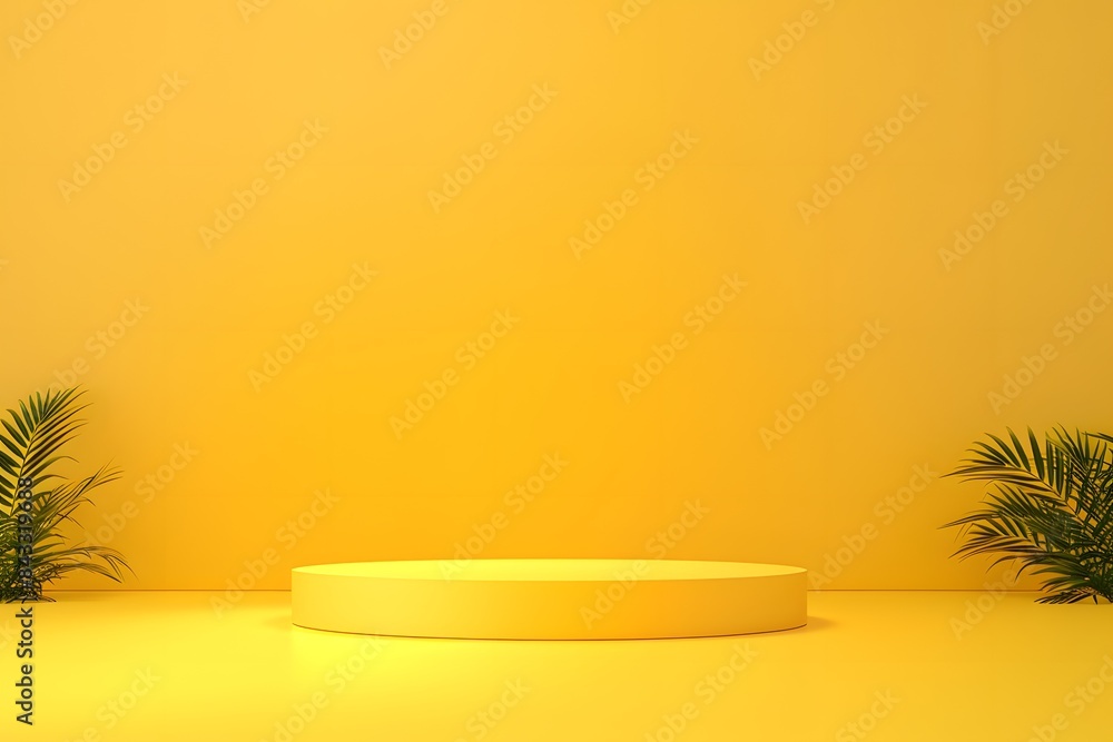 Poster 3d render yellow background with empty podium scene and golden wheat leaves on right side. minimal p