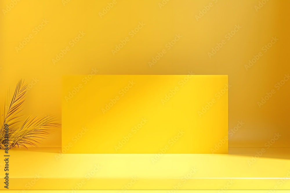 Poster 3d render yellow background with empty podium scene and golden wheat leaves on right side. minimal p