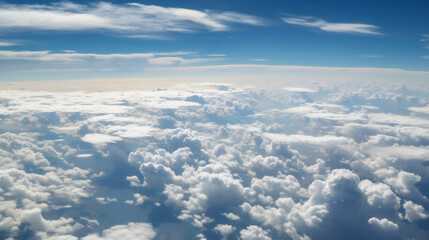 A photo of the sky taken from an airplane window, with fluffy white clouds in shades of blue and grey against a clear horizon.