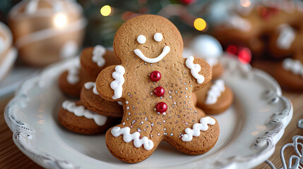 Christmas Gingerbread Men - Several beautifully decorated gingerbread men on a plate, with blurred Christmas lights in the background.
