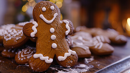 Festive Gingerbread Man - A beautifully decorated gingerbread man on a plate adorned with lights and pinecones, creating a warm festive atmosphere.