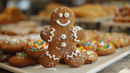  Gingerbread Man - A beautifully decorated gingerbread man on a plate, with other various Christmas cookies in the background.