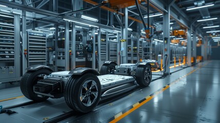 Fototapeta premium Cutting-edge electric vehicle chassis and high-performance battery packs in a futuristic production facility, showcasing innovative technology and streamlined design, with plenty of copy space for