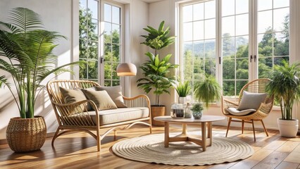 Sleek scandinavian living room features a natural rattan armchair, wooden coffee table, and lush greenery against a bright, airy background with plenty of natural light.