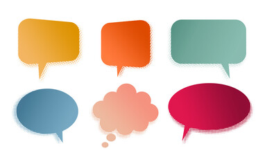 Empty blank speech bubbles on retro style. Talk bubble box with halftone effect. Communication, dialog, feedback vector symbols. 