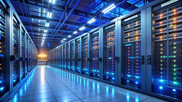 Modern data center with rows of sleek servers, blinking led lights, and intricate network cables, surrounded by reinforced walls and advanced security systems.