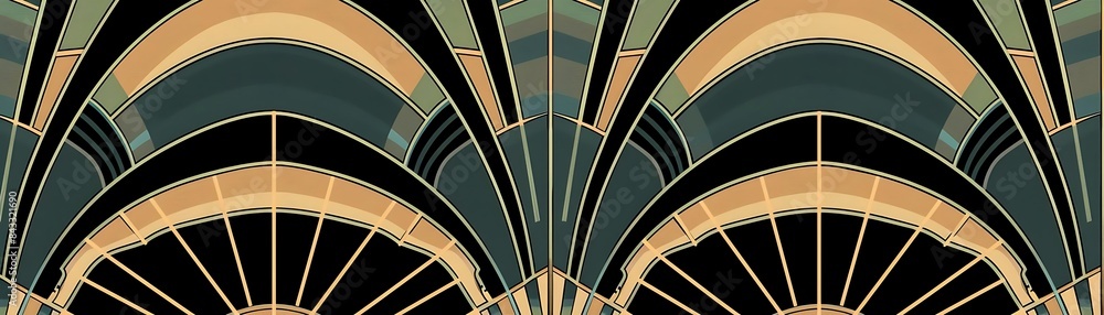 Poster an abstract building with a large arched window on the left side of the image