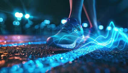 Holograms, shoes, and sports for fitness running, and speed for health tracking outdoors. sneakers, graphics for a workout, exercise, balance for routine, training for a marathon, and wellness.