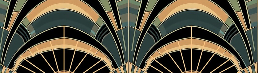 an abstract building with a large arched window on the left side of the image
