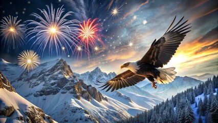 Fototapeta premium A majestic bald eagle soars beneath a waving national flag, set against a stunning backdrop of snow-capped mountains and vibrant fireworks exploding in the night sky.