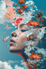 A woman's face is surrounded by flowers and butterflies
