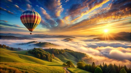 Fototapeta premium Vibrant illustration of a serene landscape featuring a hot air balloon soaring above fluffy white clouds and rolling hills at dawn.