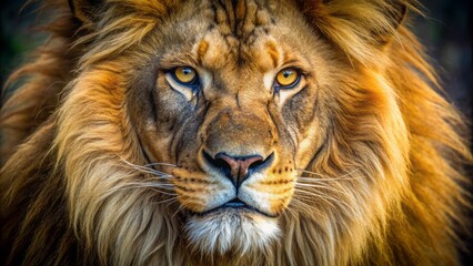 Fototapeta premium Majestic lion's regal face fills the frame, golden fur and whiskers sharply defined, piercing eyes gleam with fierce intensity, wild beauty on full display.