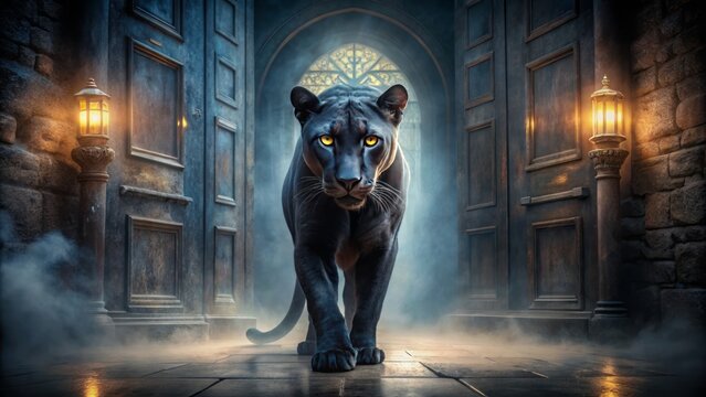A solitary, majestic panther mascot with glowing eyes, surrounded by a dark misty atmosphere, posed in front of a vintage, mysterious, antique door.