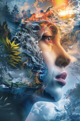 A woman's face is shown in a painting with a lot of water and trees