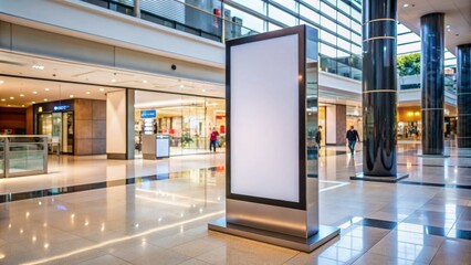 A sleek, modern vertical advertising sign stands alone in a bustling mall, awaiting custom graphics, its bright screens and metallic frame gleaming in the ambient light.