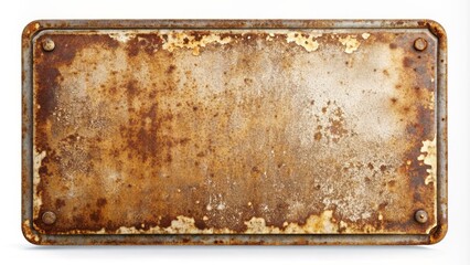 Retro rusty metal sign with worn edges and faded lettering isolated on a pristine white background,...