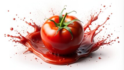 Isolated stark white transparent background features solitary vibrant red tomato sauce splatter, irregularly shaped with subtle texture and nuanced color gradient.