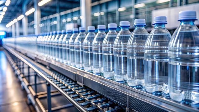 Sleek row of transparent plastic water bottles adorned with white caps, neatly aligned on a conveyor belt, awaiting packaging at a modern bottling facility.