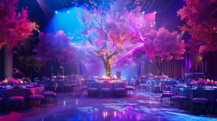 A large room with a tree in the middle and tables with chairs around it