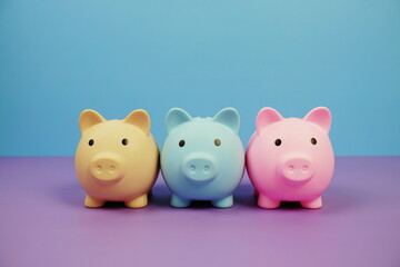 Piggy Bank Saving finance concept on blue and purple background