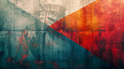 Grainy colorful abstract geometric mural on concrete wall featuring triangular shapes with vibrant red, orange, and green hues.