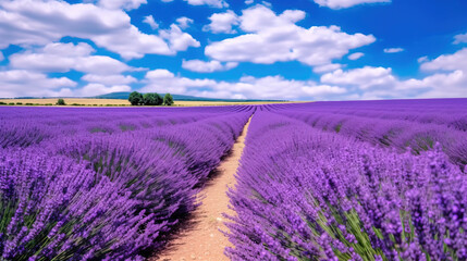 Obraz premium A vibrant image of a lavender field in full bloom, the purple flowers contrasting with the clear blue sky and the peaceful clouds