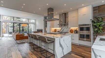 Modern high-tech kitchen with glossy white facades and built-in appliances: marble countertop, built-in stove, modern lamps and bar stools with metal legs.