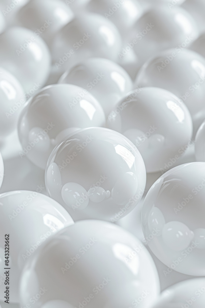 Poster close-up of multiple glossy white spheres creating a minimalist and modern abstract background, idea